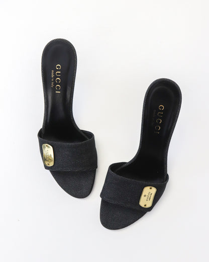 Vintage Gucci by Tom Ford Denim Mule Heels Logo Plates Detail / 36 (US 6)