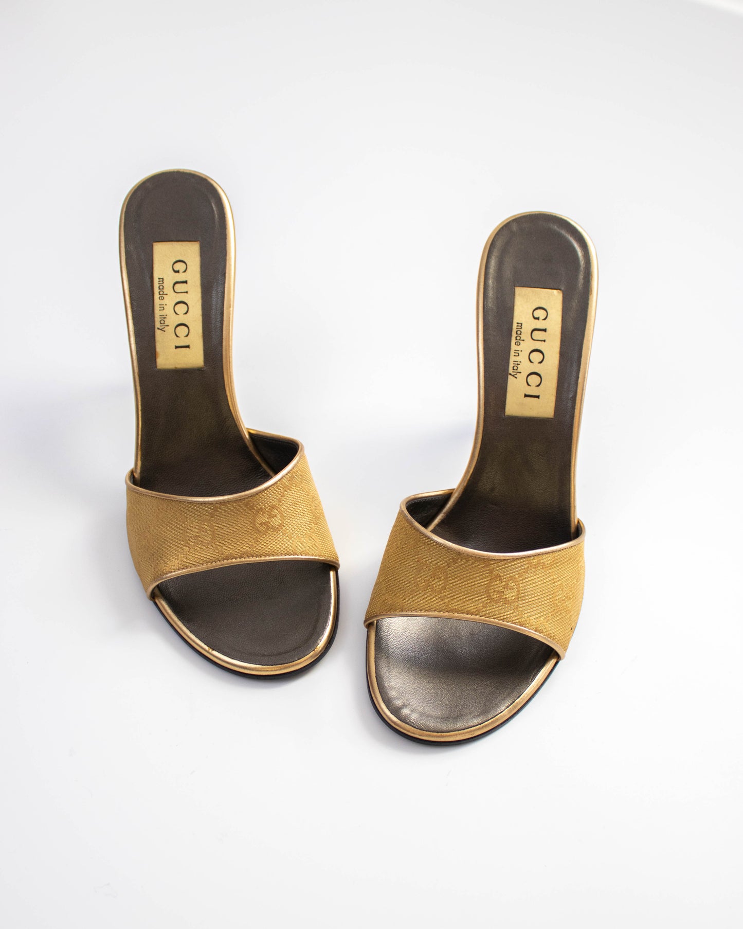 Vintage Gucci by Tom Ford Gold GG Monogram Canvas Mule Heels / 37 (US 7)