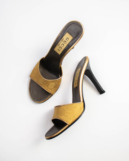 Vintage Gucci by Tom Ford Gold GG Monogram Canvas Mule Heels / 37 (US 7)