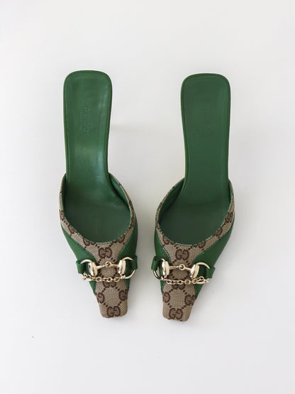 Vintage Gucci by Tom Ford Green GG Monogram Horsebit Chain Detail Mules / 36 (US 6)