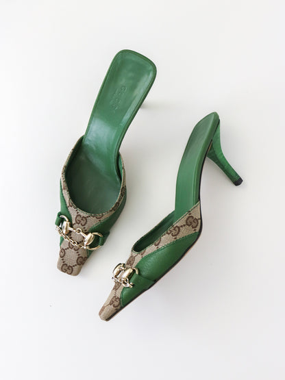 Vintage Gucci by Tom Ford Green GG Monogram Horsebit Chain Detail Mules / 36 (US 6)