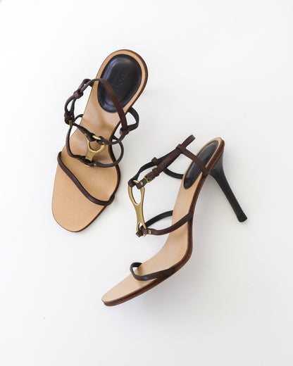 Vintage Gucci by Tom Ford Leather Sandals Strappy Heels Metal Horsebit Logo / 37 (US 7)