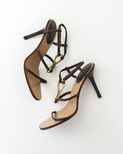 Vintage Gucci by Tom Ford Leather Sandals Strappy Heels Metal Horsebit Logo / 37 (US 7)