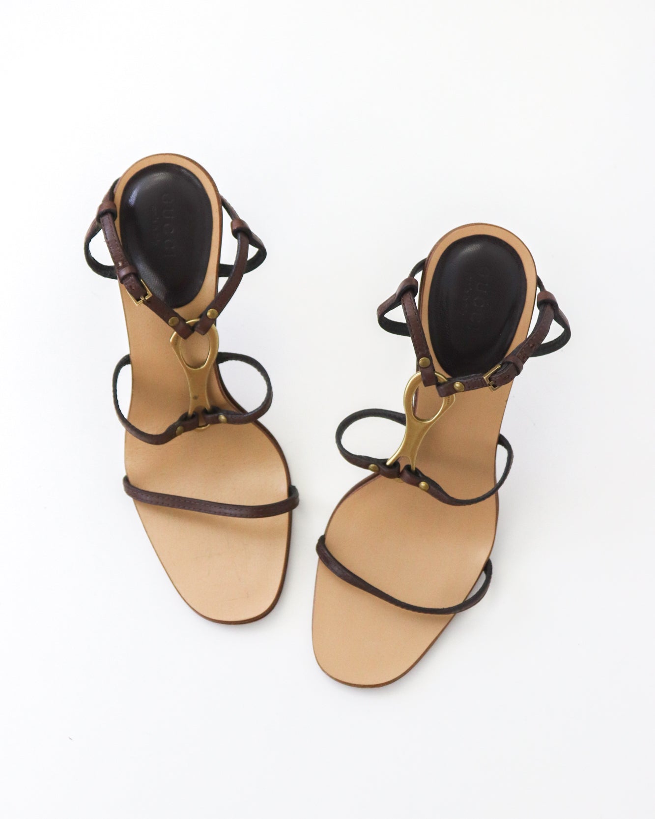 Vintage Gucci by Tom Ford Leather Sandals Strappy Heels Metal Horsebit Logo / 37 (US 7)