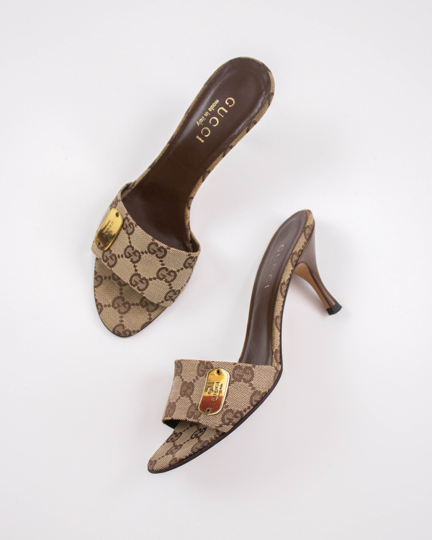 Pair of Gucci high-heeled shoes on a white background side view