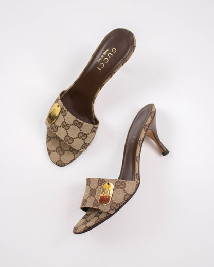 Pair of Gucci high-heeled shoes on a white background side view