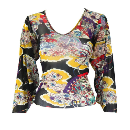 Vintage Kenzo Jeans Japanese Motif Print Wide Sleeve Mesh Top / XS-S