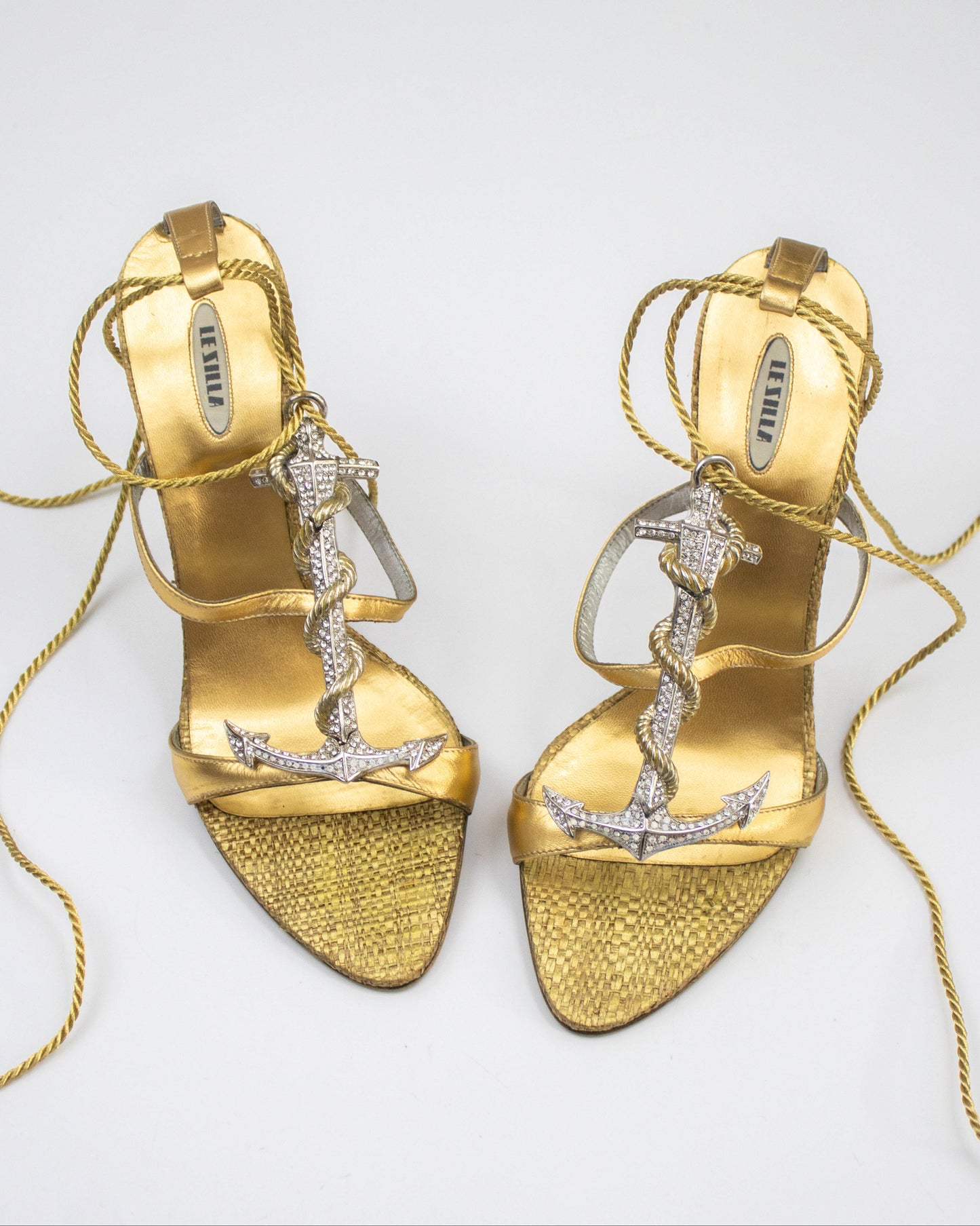 Vintage Le Silla Crystal Anchor Charm Ankle Wrap Heels / 38 (US 8)