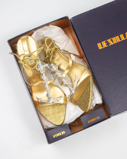 Vintage Le Silla Crystal Anchor Charm Ankle Wrap Heels / 38 (US 8)
