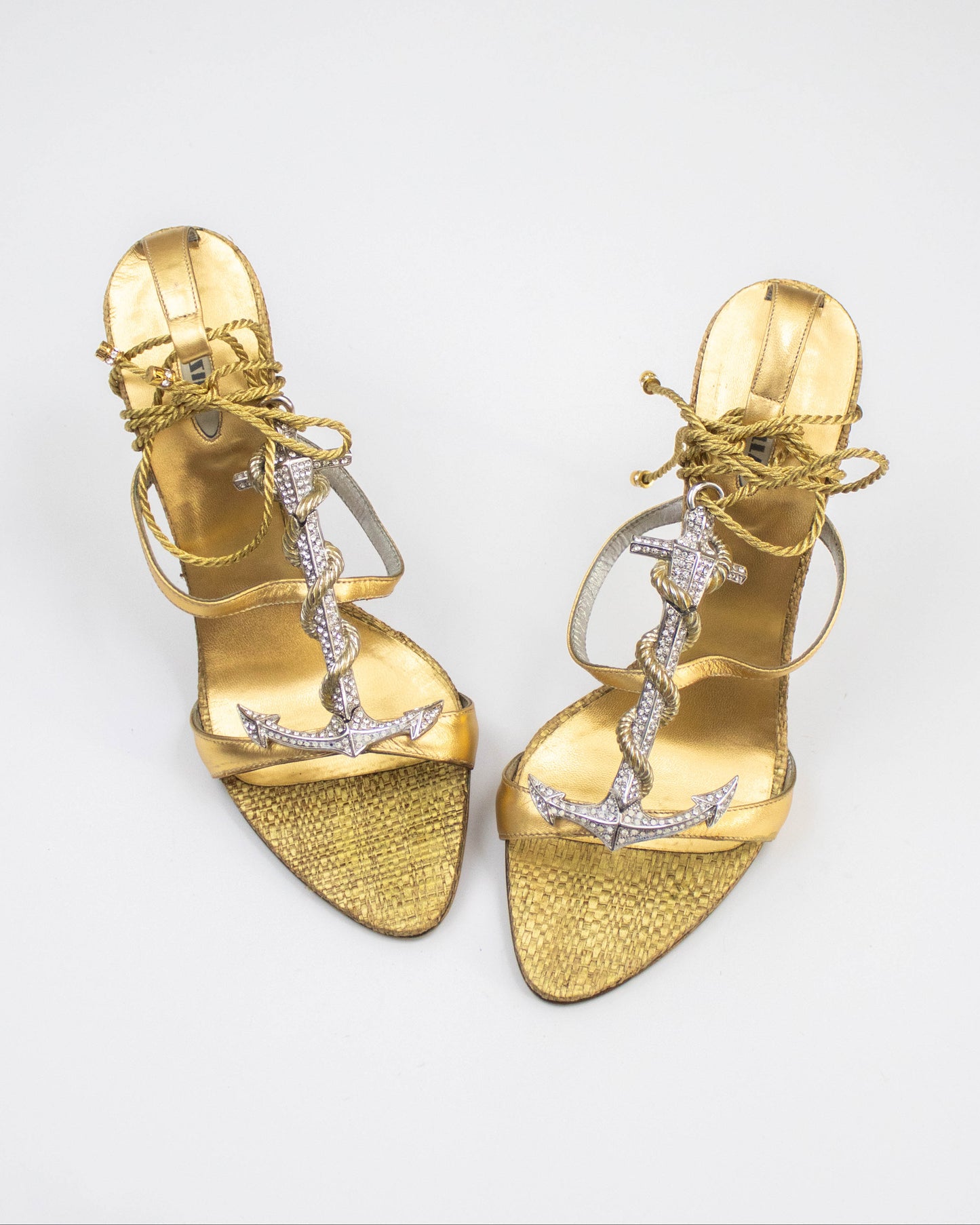 Vintage Le Silla Crystal Anchor Charm Ankle Wrap Heels / 38 (US 8)