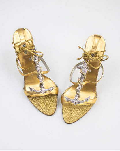 Vintage Le Silla Crystal Anchor Charm Ankle Wrap Heels / 38 (US 8)