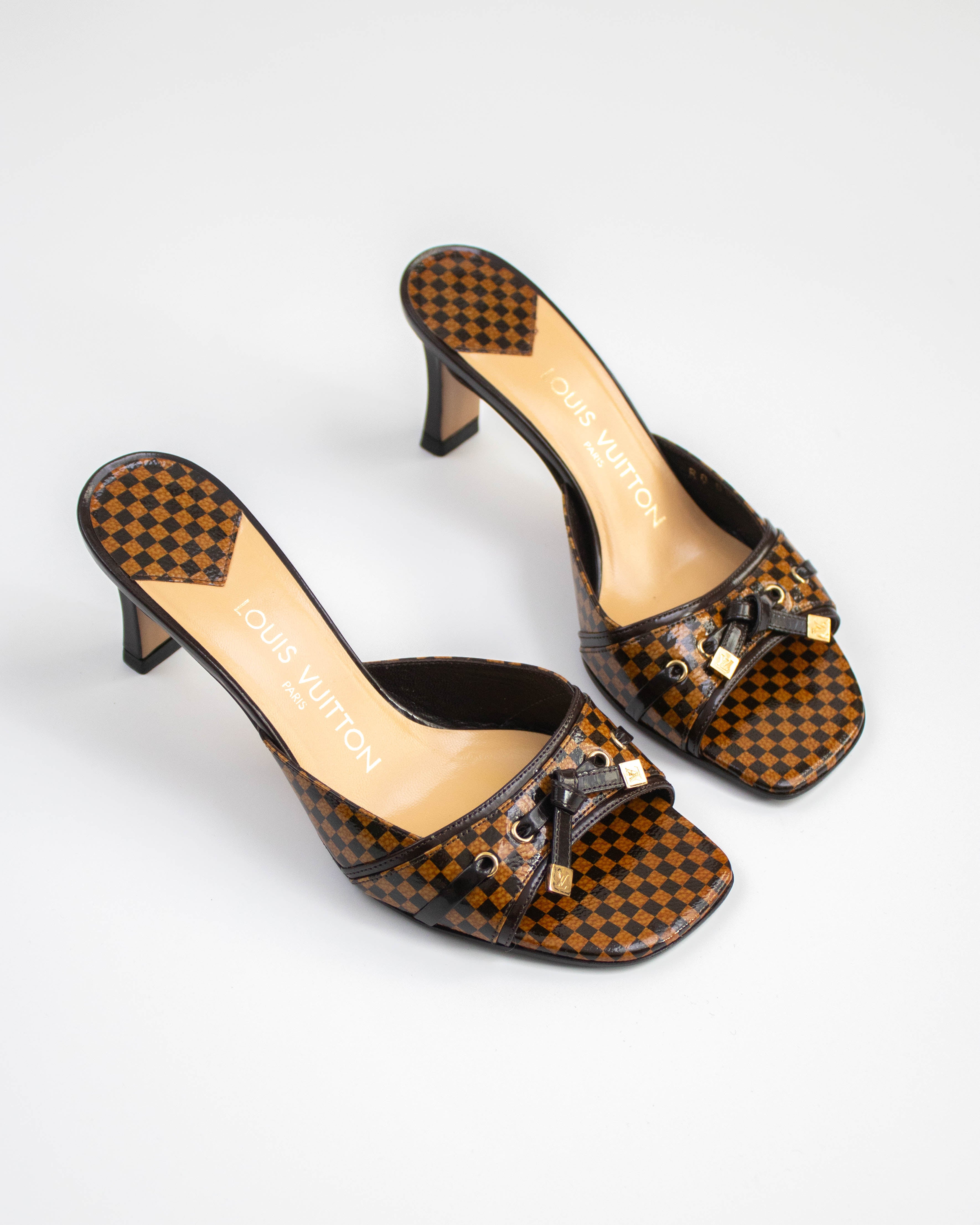 靴 LV Damier Mule Sandals Brown 36 Y2K Vintage Louis Vuitton Damier Bow Detail Mule Heels / 36 (US 6