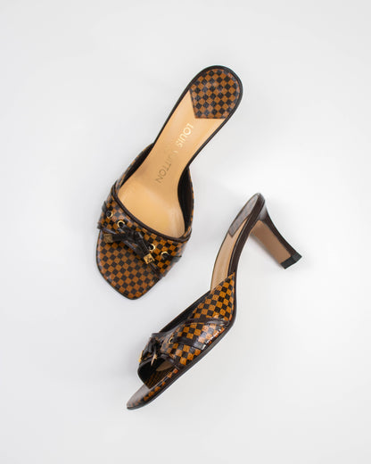 Pair of brown checkered damier Louis Vuitton heels side view 