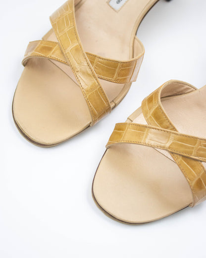 Vintage Manolo Blahnik Callamu Beige Croc Leather Kitten Heel Mules / 36 (US 6)