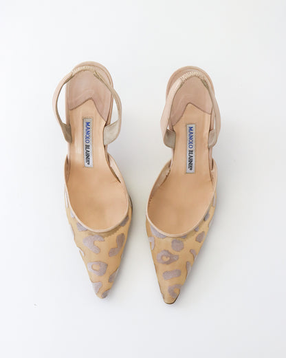 Vintage Manolo Blahnik Beige Carolyn Sheer Leopard Slingback Heels / 37.5 (US 7.5)