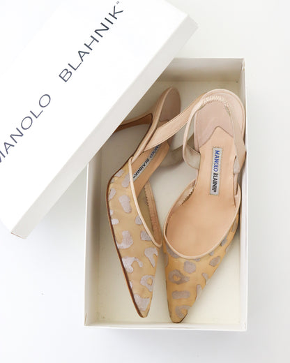 Vintage Manolo Blahnik Beige Carolyn Sheer Leopard Slingback Heels / 37.5 (US 7.5)