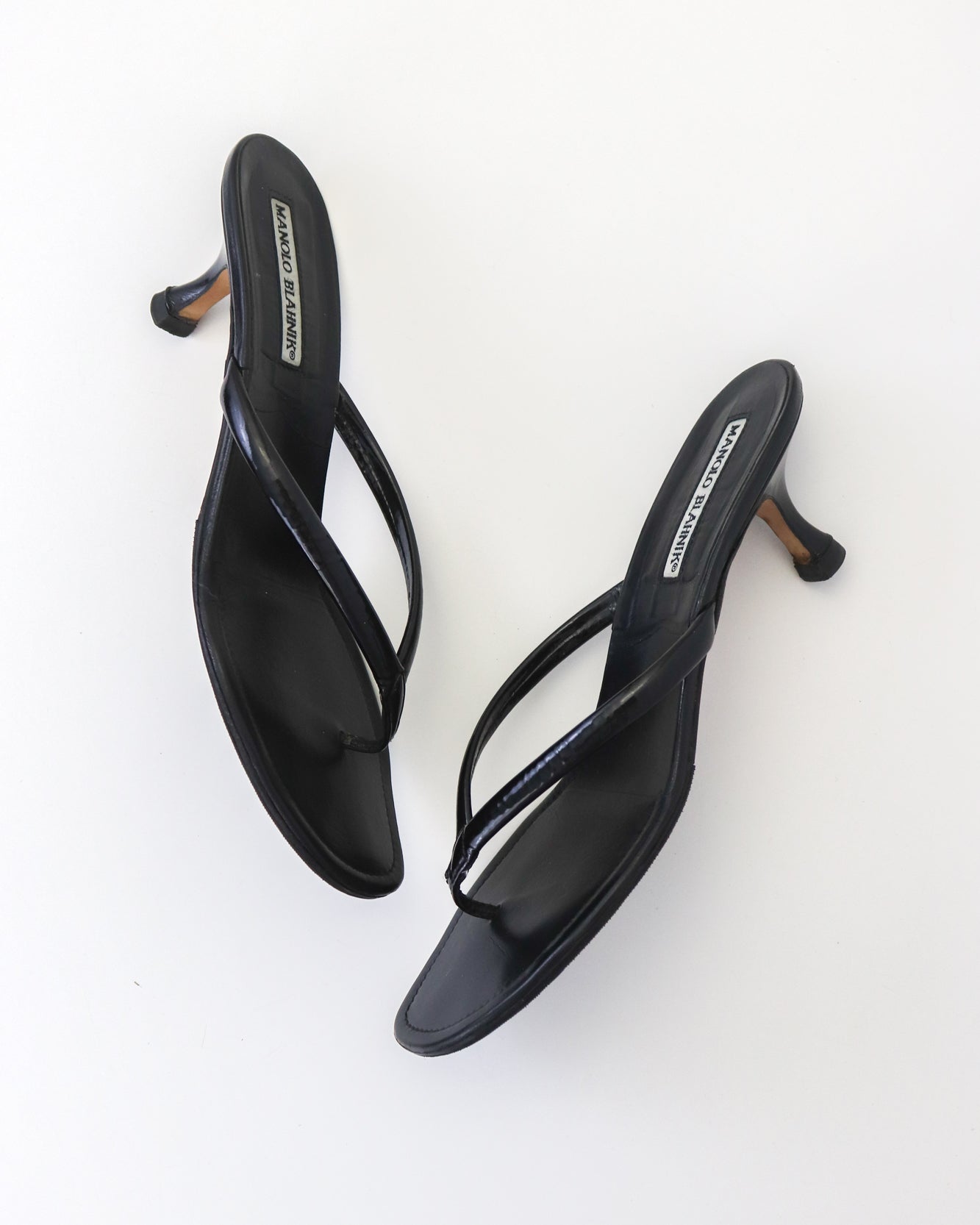 Vintage Manolo Blahnik Black Leather Kitten Heel Thong Mules / 38 (US 8)