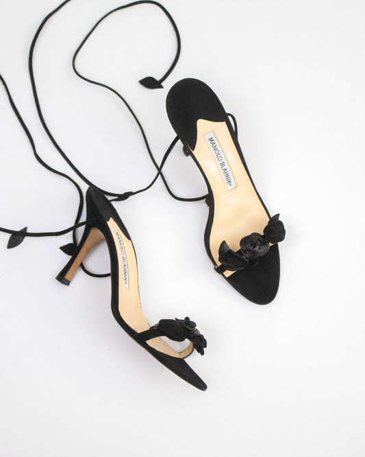Vintage Manolo Blahnik Black Rose Vine Ankle Wrap Heels / 36 (US 6)