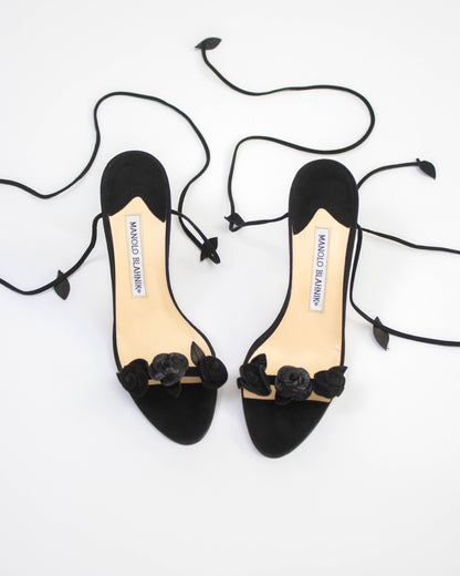 Vintage Manolo Blahnik Black Rose Vine Ankle Wrap Heels / 36 (US 6)