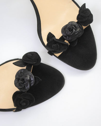 Vintage Manolo Blahnik Black Rose Vine Ankle Wrap Heels / 36 (US 6)