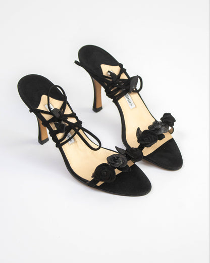 Vintage Manolo Blahnik Black Rose Vine Ankle Wrap Heels / 36 (US 6)