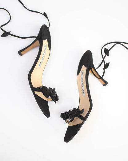 Vintage Manolo Blahnik Black Rose Vine Ankle Wrap Heels / 36 (US 6)