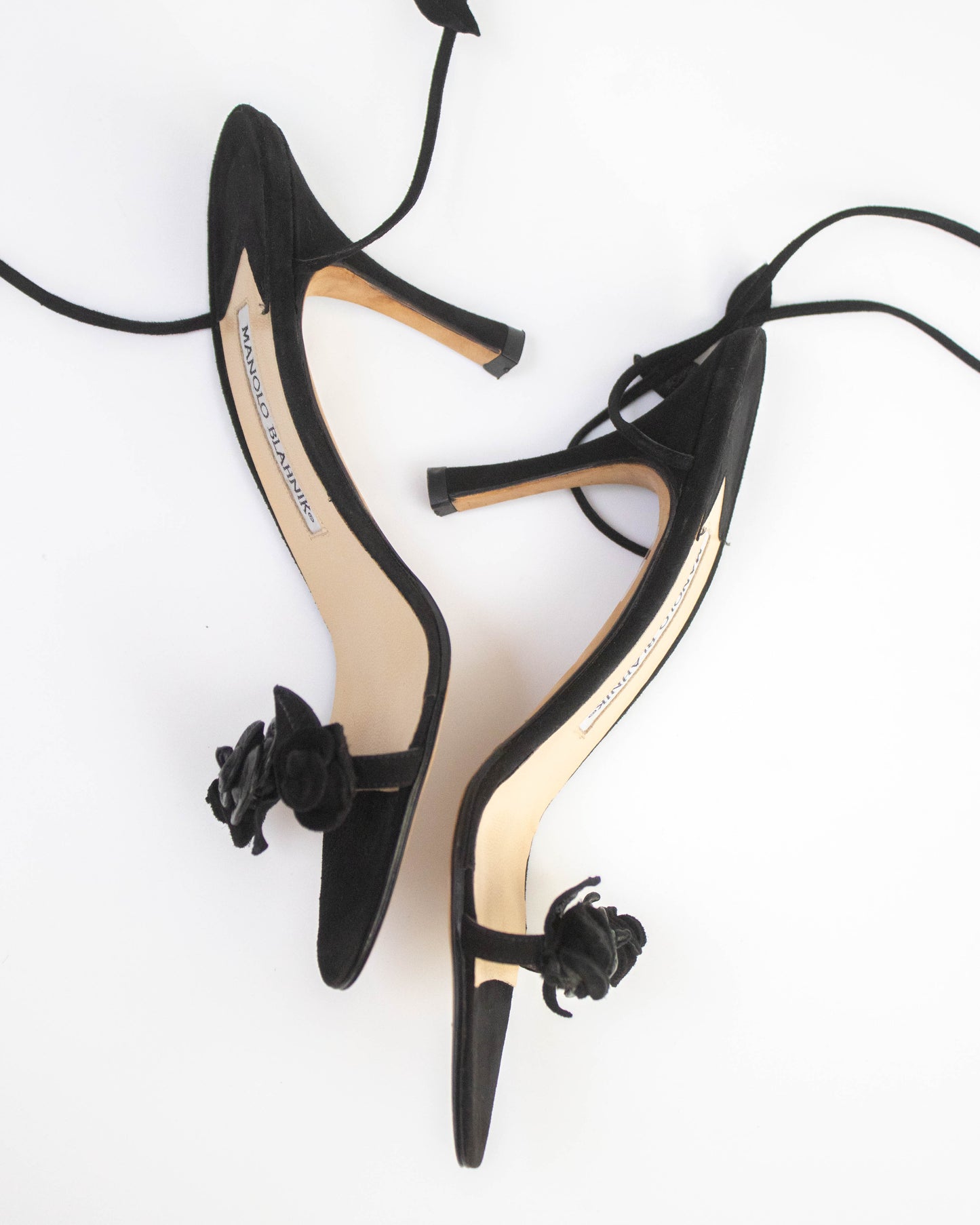 Vintage Manolo Blahnik Black Rose Vine Ankle Wrap Heels / 36 (US 6)