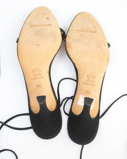 Vintage Manolo Blahnik Black Rose Vine Ankle Wrap Heels / 36 (US 6)