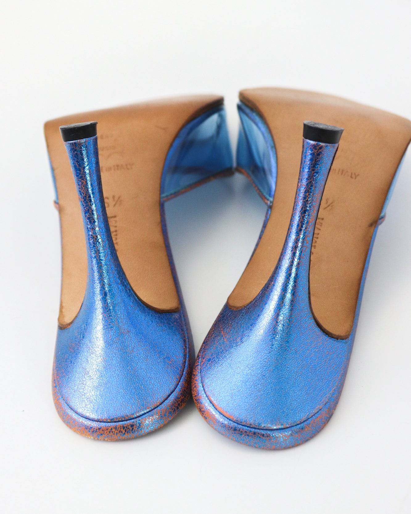 Vintage Manolo Blahnik Blue Metallic Lucite Mule Heels / 36.5 (US 6.5)