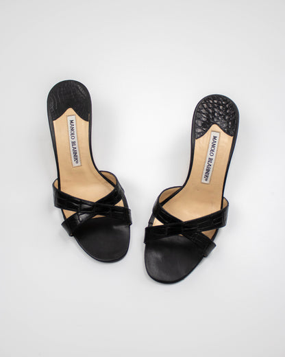 Vintage Manolo Blahnik Callamu Black Croc Leather Kitten Heel Mules / 36 (US 6)