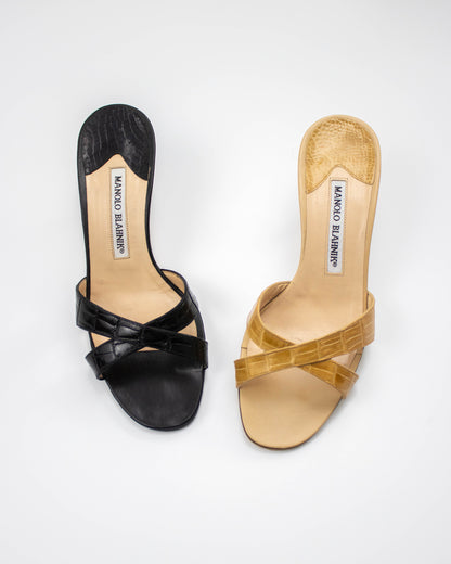 Vintage Manolo Blahnik Callamu Black Croc Leather Kitten Heel Mules / 36 (US 6)