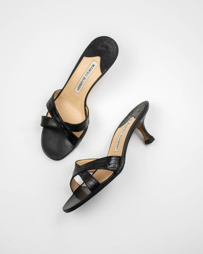 Vintage Manolo Blahnik Callamu Black Croc Leather Kitten Heel Mules / 36 (US 6)