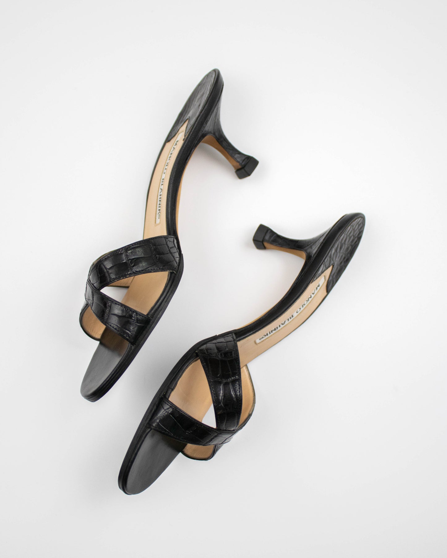 Vintage Manolo Blahnik Callamu Black Croc Leather Kitten Heel Mules / 36 (US 6)