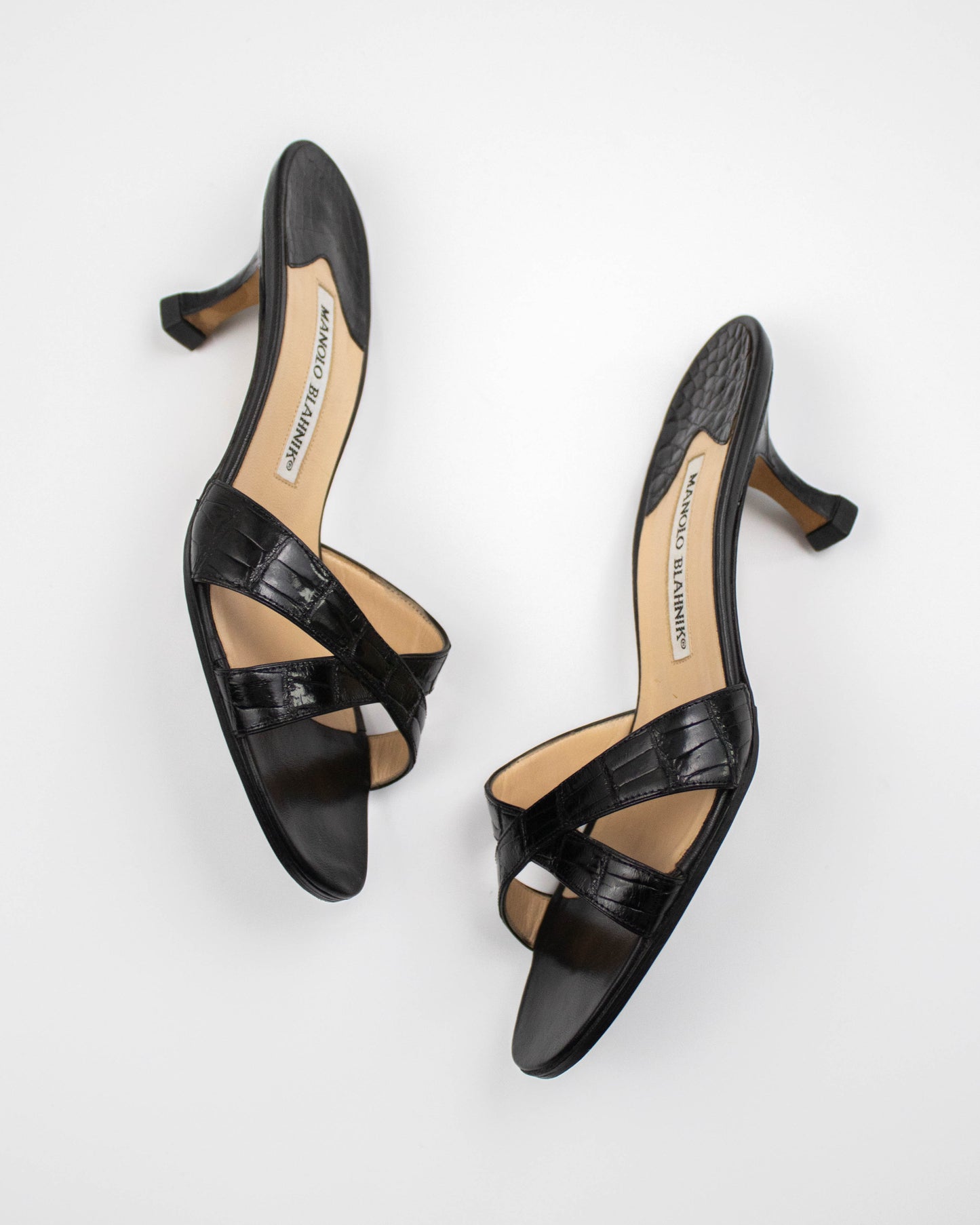 Vintage Manolo Blahnik Callamu Black Croc Leather Kitten Heel Mules / 36 (US 6)