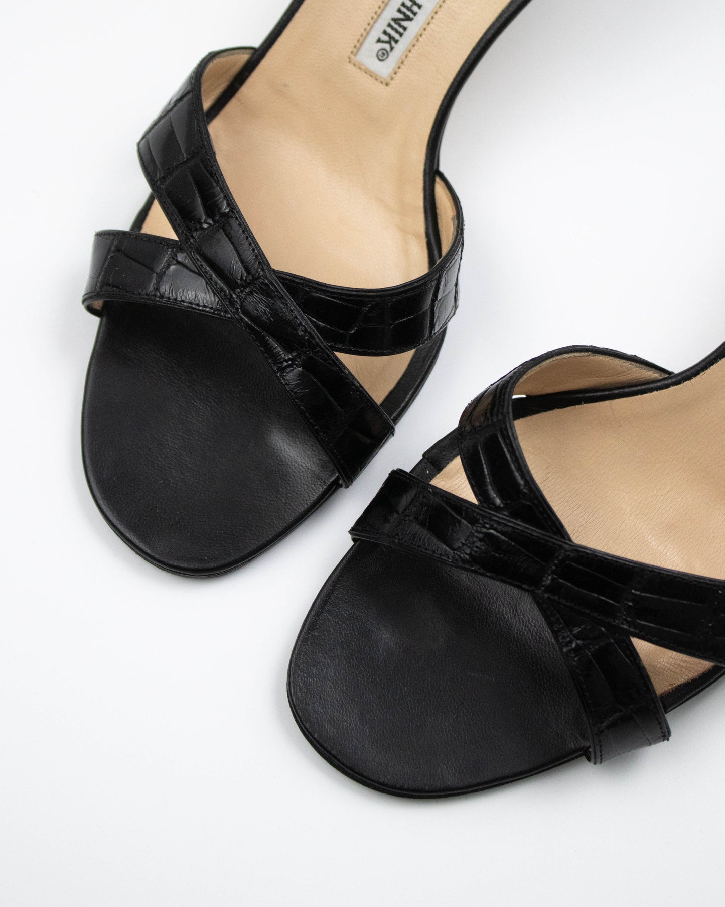 Vintage Manolo Blahnik Callamu Black Croc Leather Kitten Heel Mules / 36 (US 6)