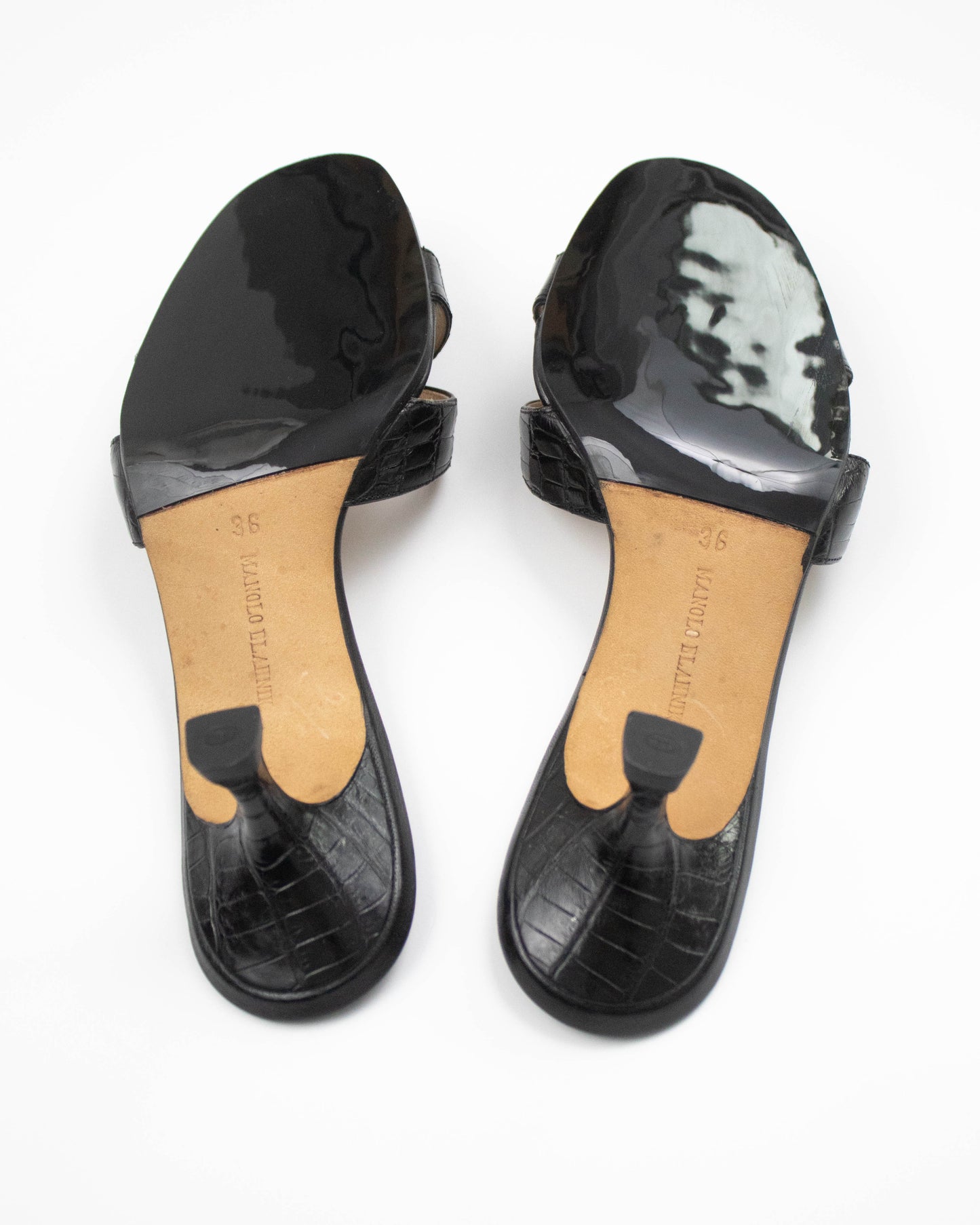 Vintage Manolo Blahnik Callamu Black Croc Leather Kitten Heel Mules / 36 (US 6)