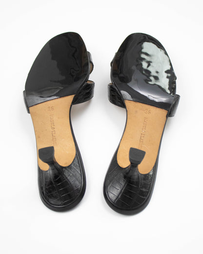 Vintage Manolo Blahnik Callamu Black Croc Leather Kitten Heel Mules / 36 (US 6)
