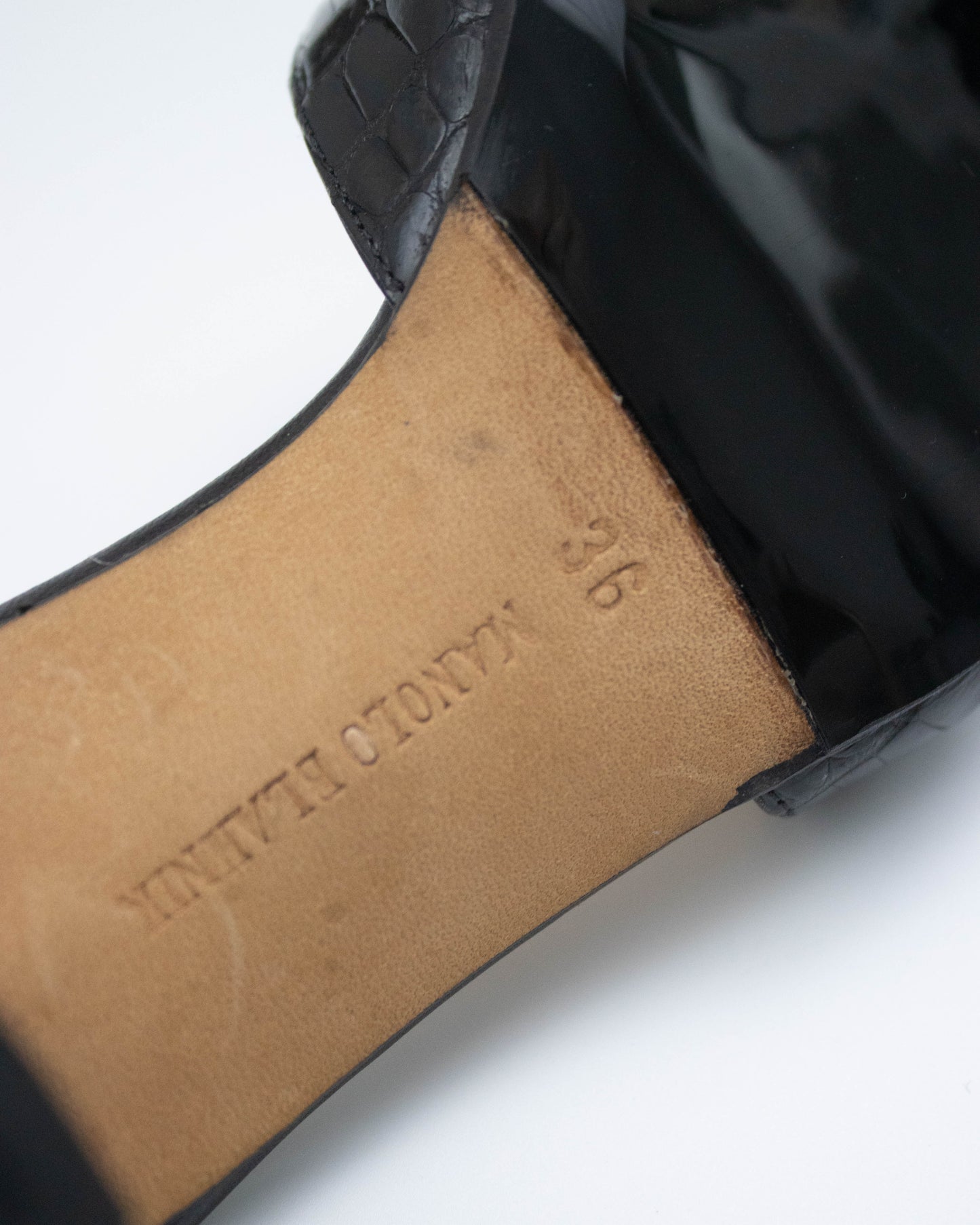 Vintage Manolo Blahnik Callamu Black Croc Leather Kitten Heel Mules / 36 (US 6)