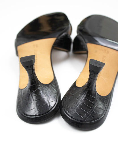 Vintage Manolo Blahnik Callamu Black Croc Leather Kitten Heel Mules / 36 (US 6)