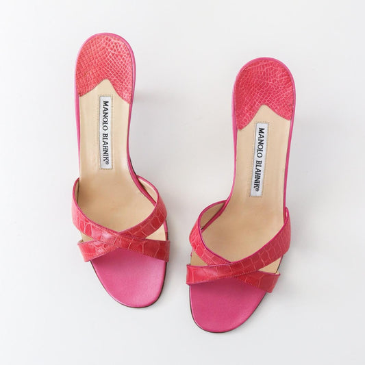 Vintage Manolo Blahnik Callamu Pink Croc Kitten Heel Mules / 36.5 (US 6.5)