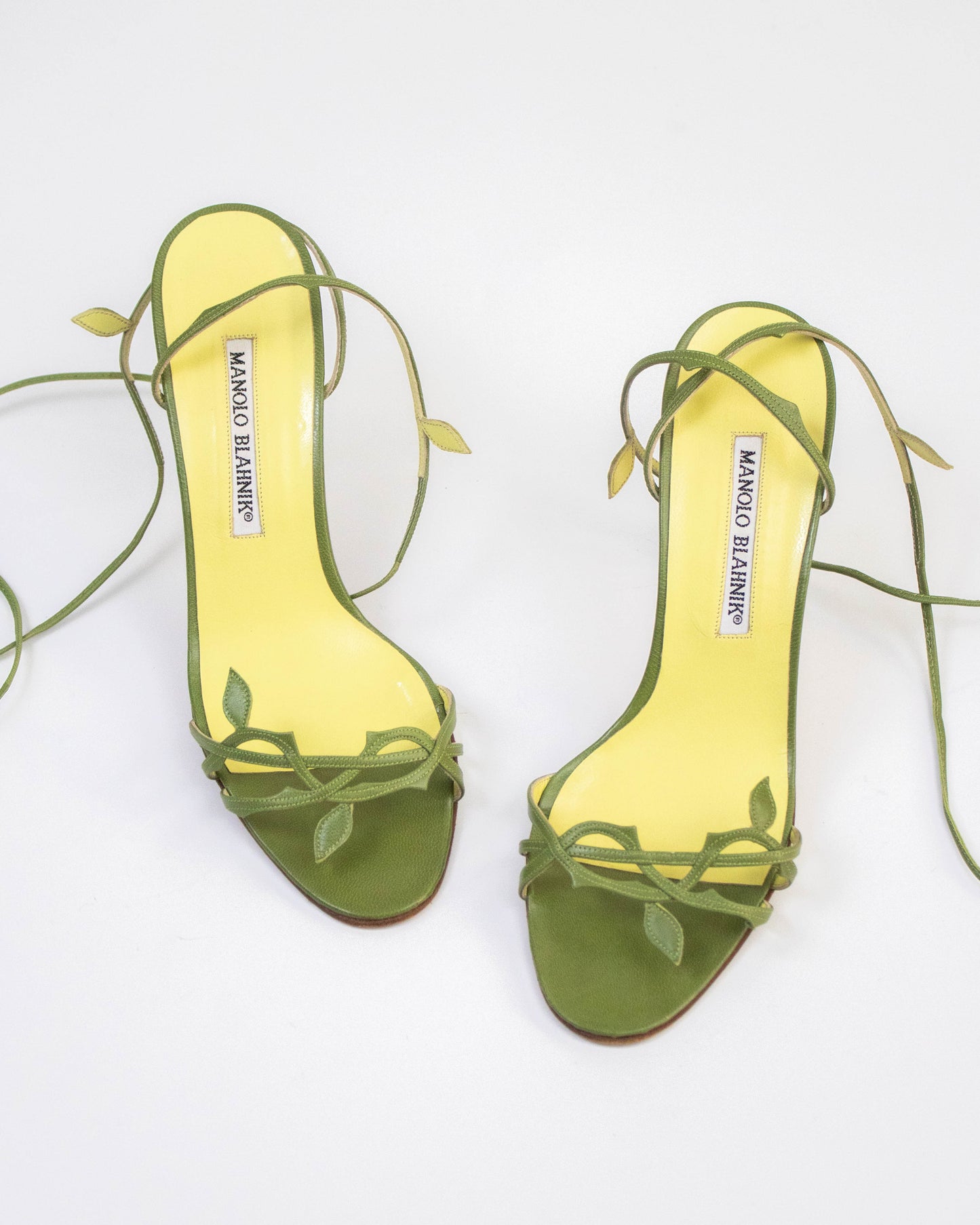 Vintage Manolo Blahnik Green Leaf Ankle Wrap Heels / 37 (US 7)