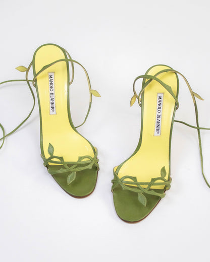 Vintage Manolo Blahnik Green Leaf Ankle Wrap Heels / 37 (US 7)