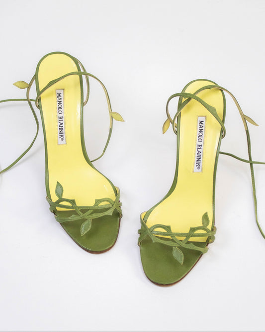 Vintage Manolo Blahnik Green Leaf Ankle Wrap Heels / 37 (US 7)