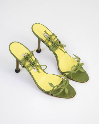 Vintage Manolo Blahnik Green Leaf Ankle Wrap Heels / 37 (US 7)