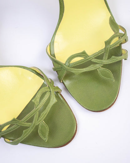 Vintage Manolo Blahnik Green Leaf Ankle Wrap Heels / 37 (US 7)