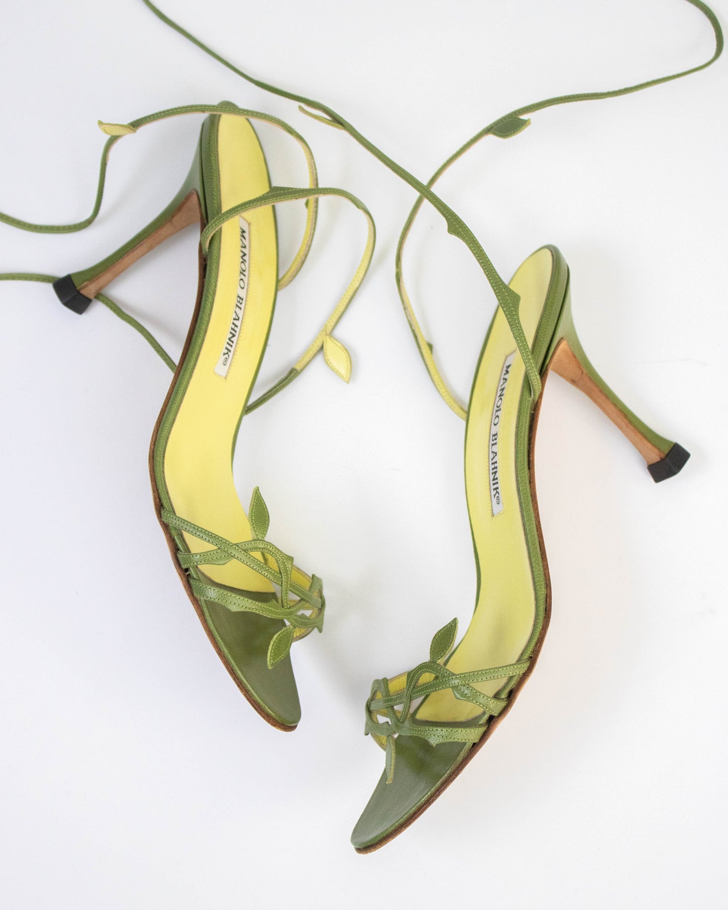 Vintage Manolo Blahnik Green Leaf Ankle Wrap Heels / 37 (US 7)