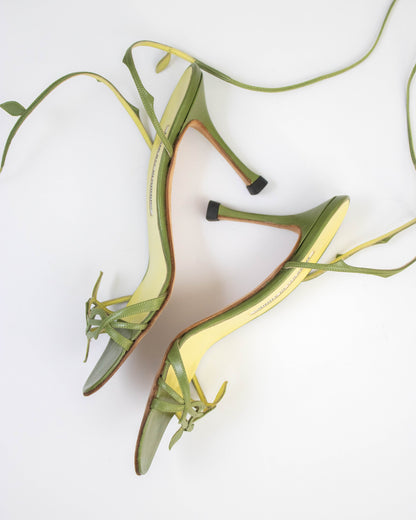 Vintage Manolo Blahnik Green Leaf Ankle Wrap Heels / 37 (US 7)