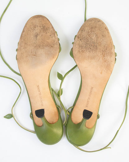Vintage Manolo Blahnik Green Leaf Ankle Wrap Heels / 37 (US 7)
