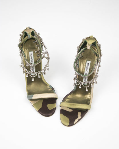 Vintage Manolo Blahnik Hourista Satin Camo Rhinestone Heels / 35.5 (US 5.5)