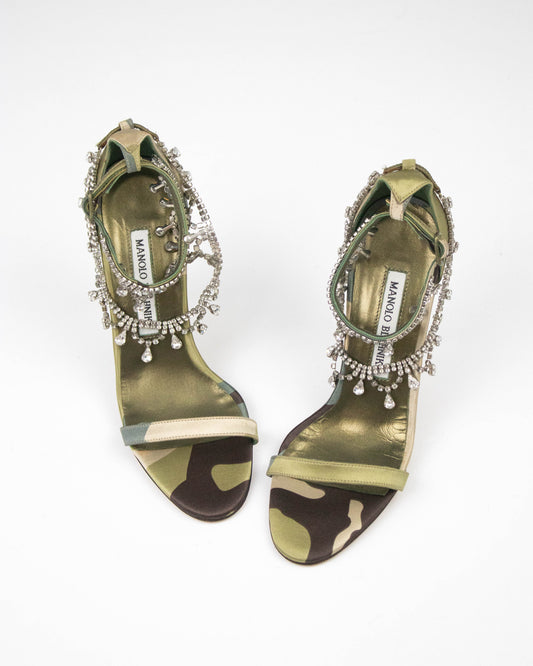 Vintage Manolo Blahnik Hourista Satin Camo Rhinestone Heels / 35.5 (US 5.5)